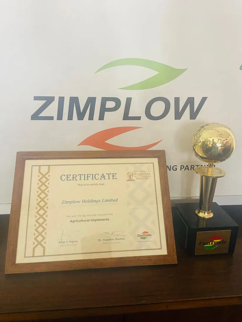 ZimTrade 2023 Exporter of the Year trophy and certificate awarded to Zimplow Holdings Limited for Agricultural Implements